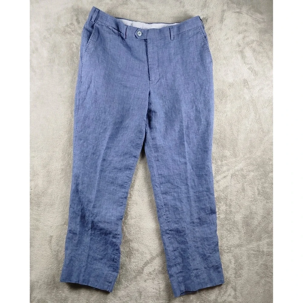 Bianco Brioni Florence Modern Blue Linen Pants Mens 36S Designer Made In‎ Italy